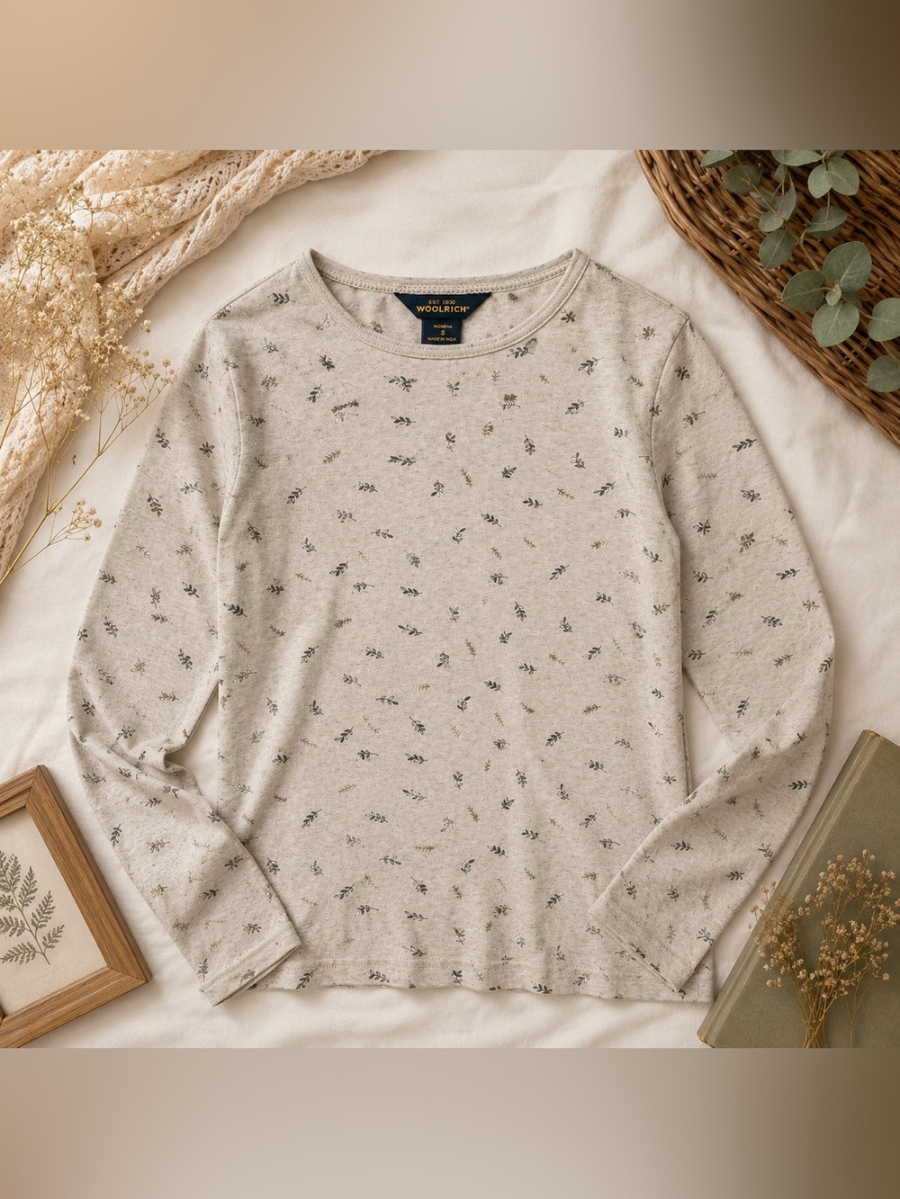 Woolrich Women’s Small Beige Botanical Print Long Sleeve Cotton Tee Cottagecore